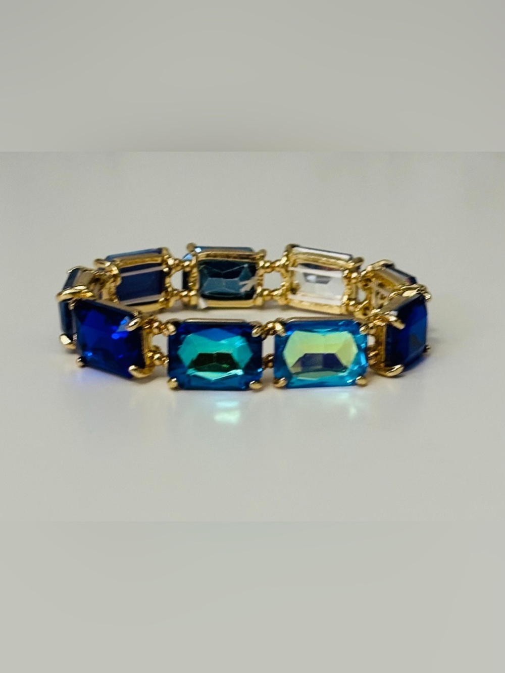 Blue Multi Color Rectangular Stretch Glass Cut Bracelet - Picture 3 of 4